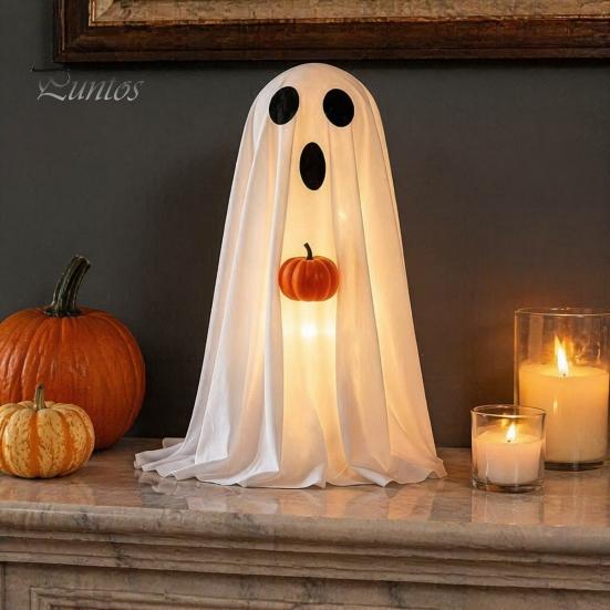 Children Party Favors Halloween Ghost Decoration, Light-Up White with Pumpkin, Indoor Holiday Home Decorations Cute Standing Tabletop for Decor