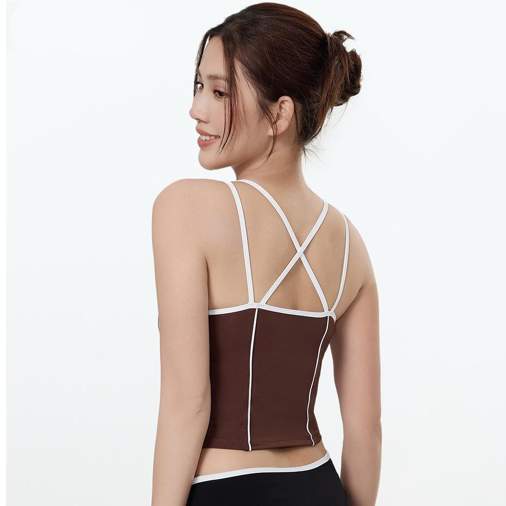 Cross-Border Women's Shockproof Sports Bra with Thin Straps & Color Block Design