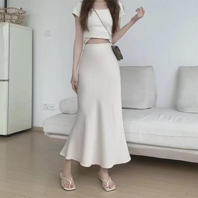 High-Waist French Retro Satin Fishtail Midi Skirt
