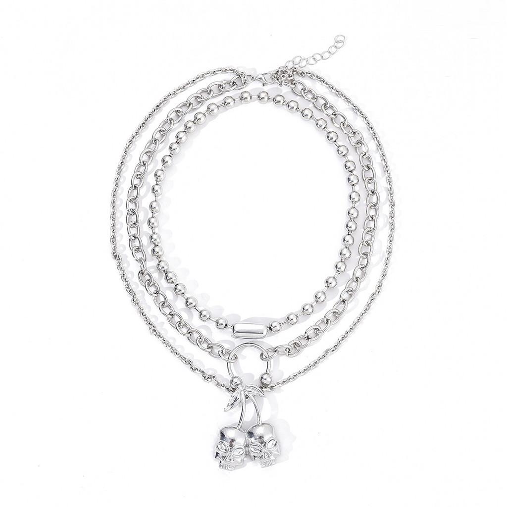 Punk-Stil Mehrschichtige Totenkopf-Kirsch-Halskette Für Frauen Mit Zinklegierungskette