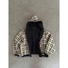 Unisex Oversized Hooded Zip-Up Sweatshirt Vintage Yellow Plaid Reversible Streetwear Jacket Fall Winter