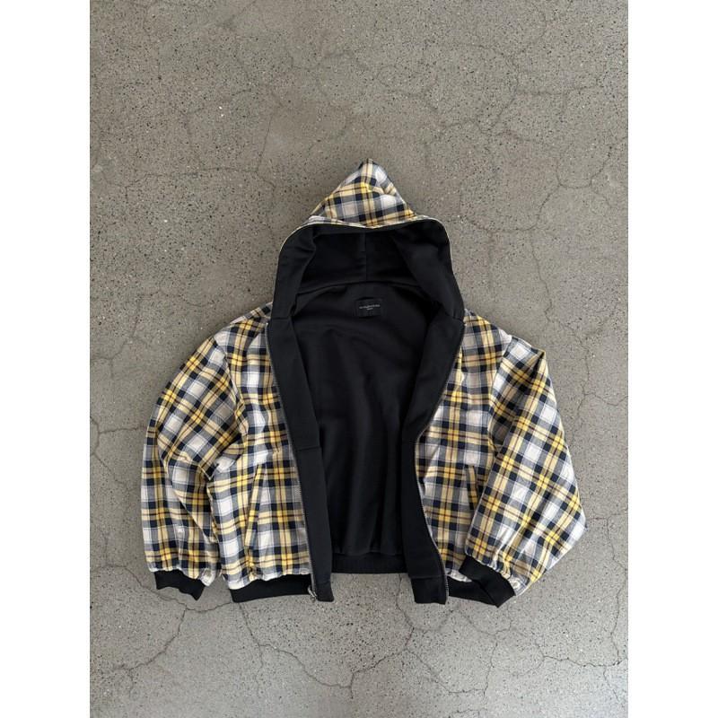 Unisex Oversized Hooded Zip-Up Sweatshirt Vintage Yellow Plaid Reversible Streetwear Jacket Fall Winter