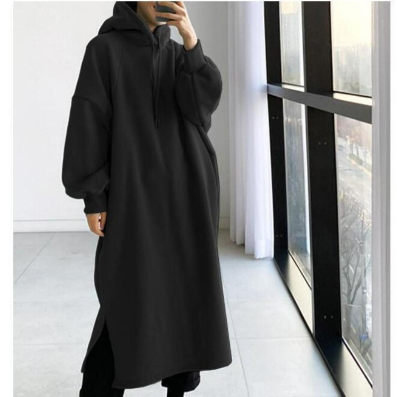 Addensare Autunno Inverno Donna Felpa Oversize Vestito Lungo Monocolore Moda Manica Lunga Abbigliamento Femminile Spacco Casual Vestiti Larghi