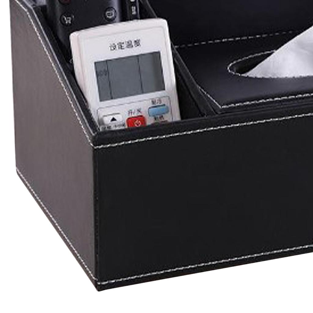 Multifunction Tissue Box Black Multiple Compartments Durable PU Leather Rectangular Tissue Box