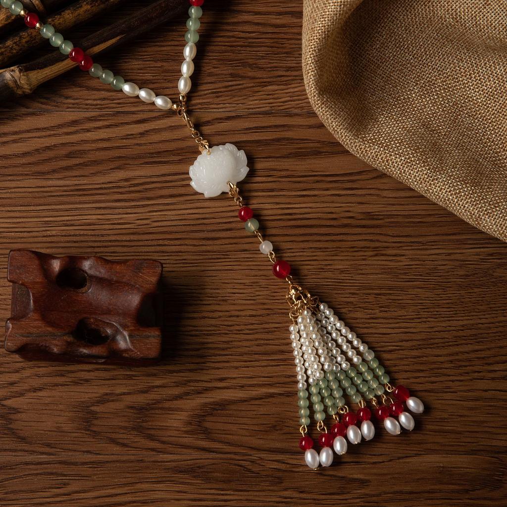 Hanfu Antique Court Long Fringed Accessories Ming-Made Retro Versatile Soft Yingluo Long Cloud-Backed Neck Lotus Necklace