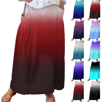 Women Casual Loose Boho Elastic Waist A-Line Beach Flowy Swing Vacation Maxi Skirt With Pocket