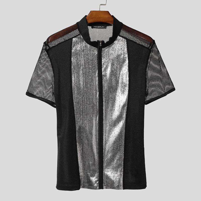INCERUN Men Short Sleeve Mesh Sheer Glitter Patchwork Party T-shirts Tops