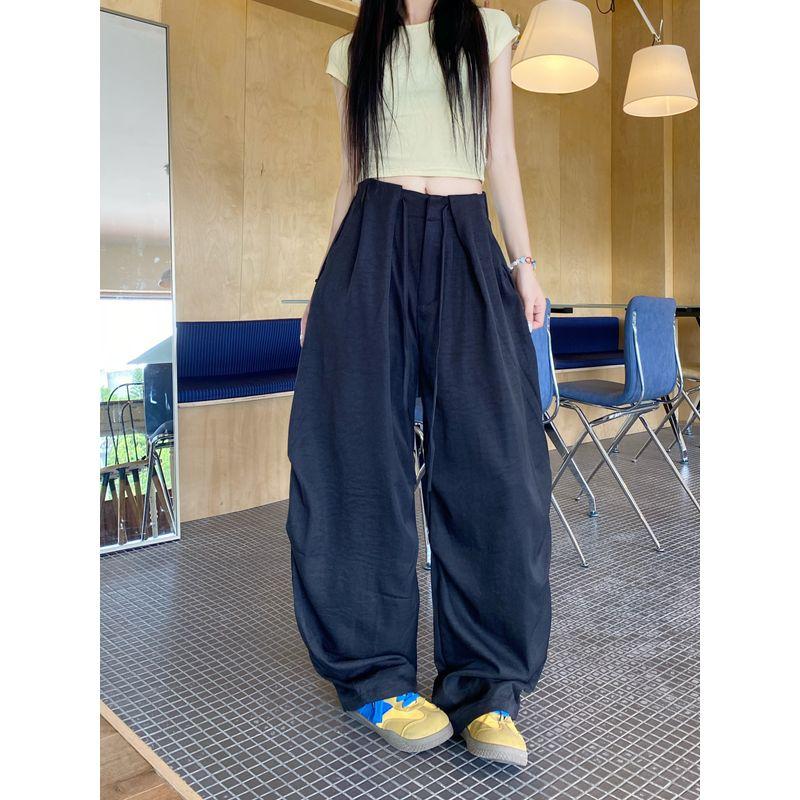 Kumikumi Idle Style White Drawstring Drape All-Matching Casual Pants Women Fall High Waist Slim Looking Loose Pants Pants