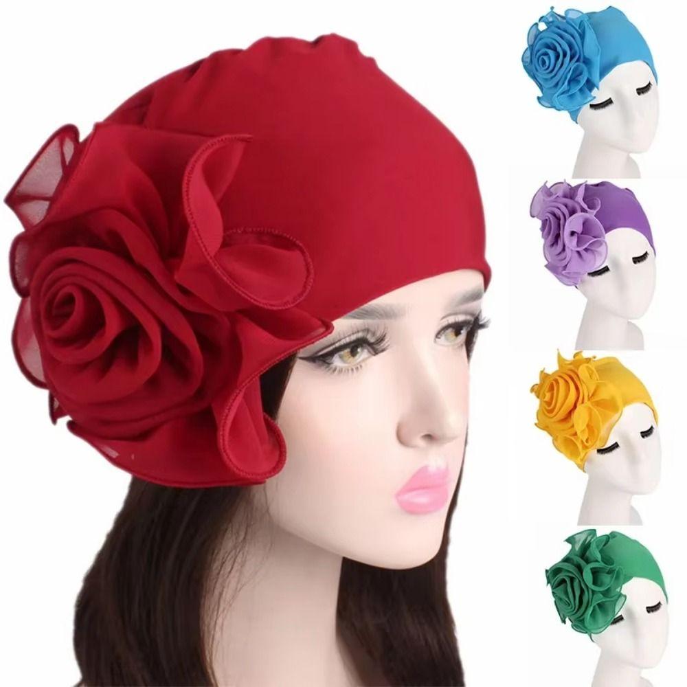 Big Flower Women's Turban Cap Elastic Head Wrap Cap Islamic Headscarf Hair Accessories