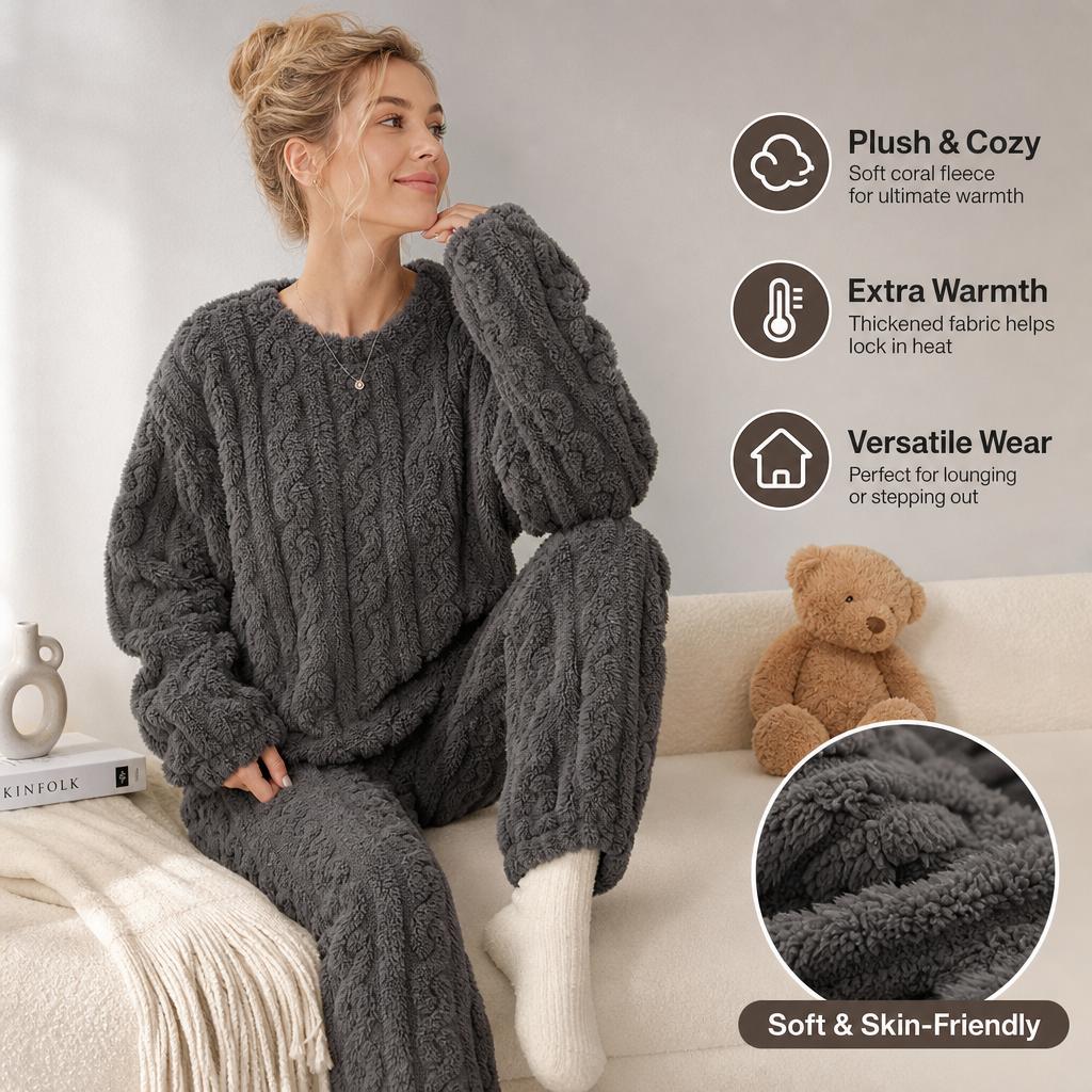 Coral Fleece Jacquard Pajamas Set Women Autumn Winter Fleece Thickened Warm Crew Neck Cable Knit Loungewear Wearable Outside
