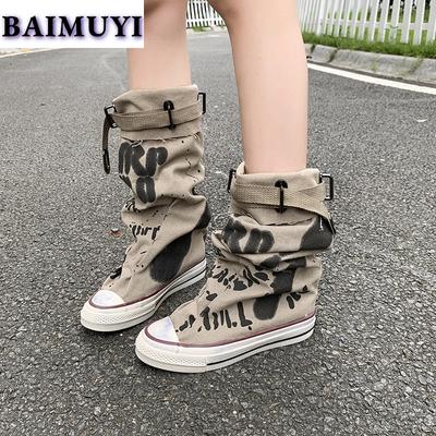 Print Designer Cowboy High Boots Women Shoes Flats Casual Sneakers 2024 Trend Chelsea Autumn Canvas Ankle Botas Mujer Zapatillas