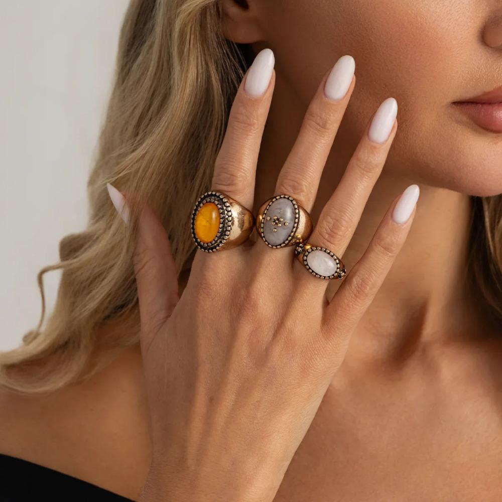 3 Pcs/set Vintage Oval Resin Finger Rings for Women Punk Geometric Gold Color Metal Ring Aesthetic Couples Jewelry Gifts