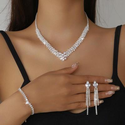 Elegantes Brautschmuck-Set mit Strass-V-Halskette, Ohrringen und Armband