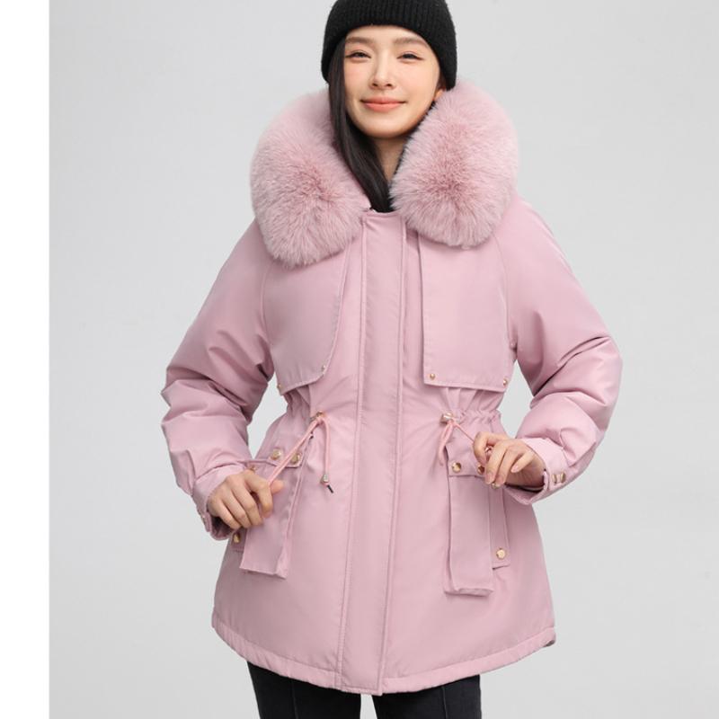 Veste d'hiver pour femme à col en fourrure, à capuche, coupe-vent, légère, épaisse, chaude, mi-longue, décontractée, sportive, parka, veste en coton