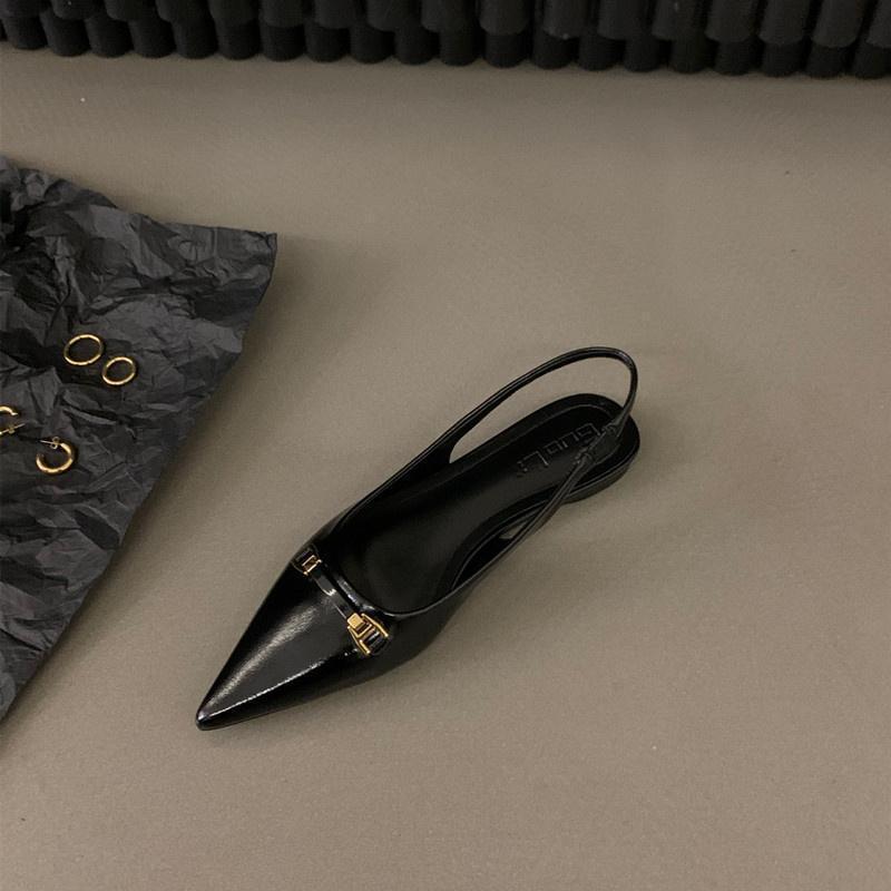 2025 new summer French flat-bottomed non-slip black bag head sandals women's versatile rhinestone pointed temperament single shoes