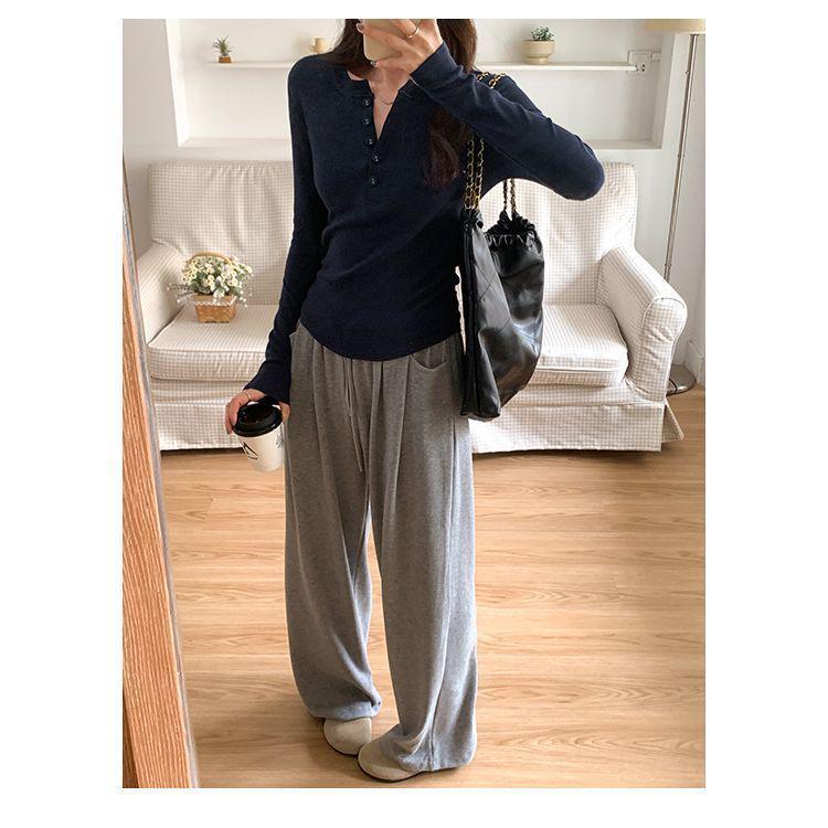 Plus Size Women's Spring/Autumn Long Sleeve Half-Open Neck Slimming Base Layer Top - Korean Style
