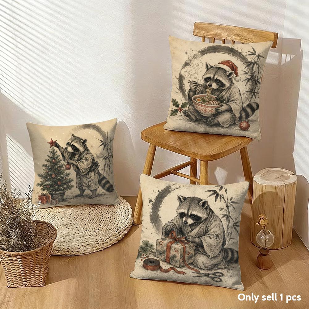 Japanese Raccoon Ramen Cushion Cover Breathable Short Plush Pillow Case Machine Washable Wrinkle-Resistant Soft Durable