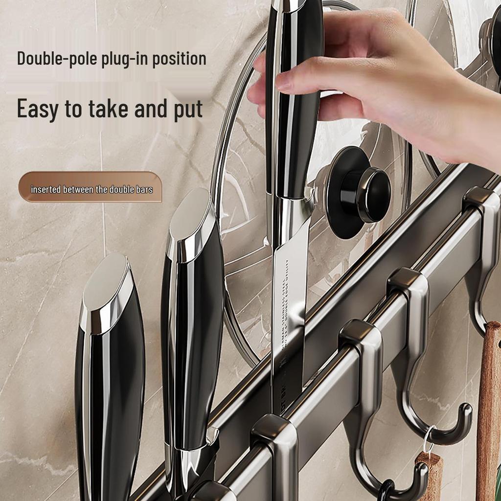 Punch-Free Kitchen Hanging Rod for Utensils, Spatulas, and Pots - Multi-Functional Wall-Mounted Storage Rack