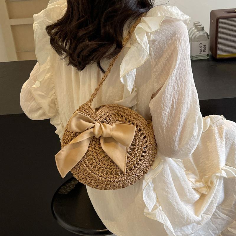 Sommer Kleine Stroh Schulter Umhängetaschen Handgefertigt Strand Handtaschen Schleife Gewebte Tragetasche Runde Umhängetasche Clutch