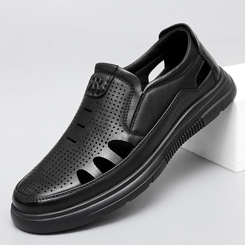 Vysoce kvalitní pánská formální business obuv z pravé kůže, letní černé/hnědé kožené sandály, módní prodyšná děrovaná pánská obuv