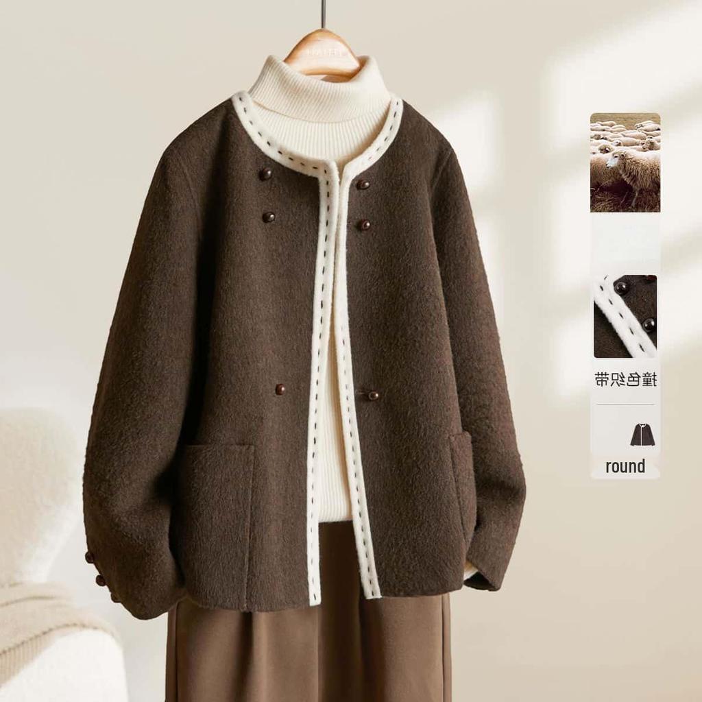 2025 Autumn/Winter Handmade Double-Sided Wool Cropped Coat - Round Neck, Versatile Design