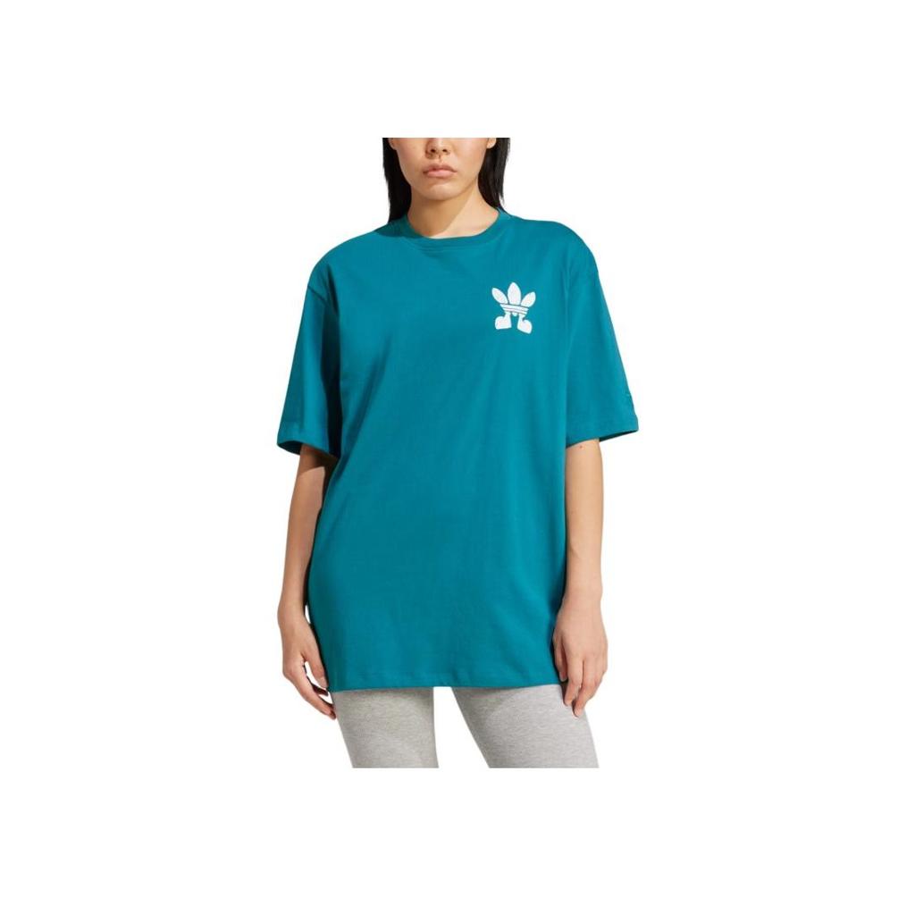 adidas Originals Treffy Walks Comfortable Loose Fit Round Neck Short Sleeve Drop Shoulder T-Shirt Women Tops Traditional-Cyan IX7652