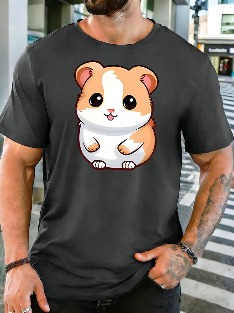 Cute Fluffy Cartoon Hamster Big Eyes Graphic Unisexs Cotton Crew Neck Tee Short Sleeve Loose Lovely Casual Daily Street Male Top