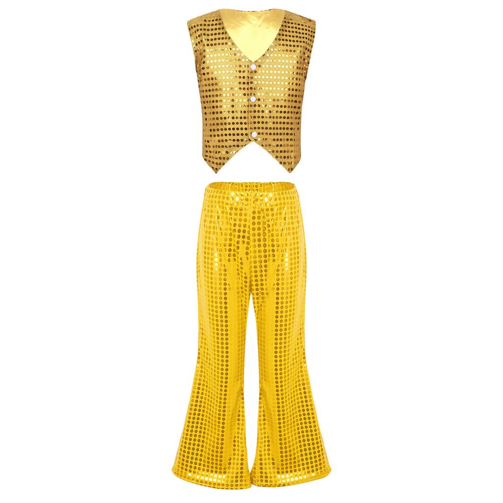 Kids Dance Costume Sparkly Sequined Waistcoat and Flowy Flared Pants Elastic Waistband Party Wear