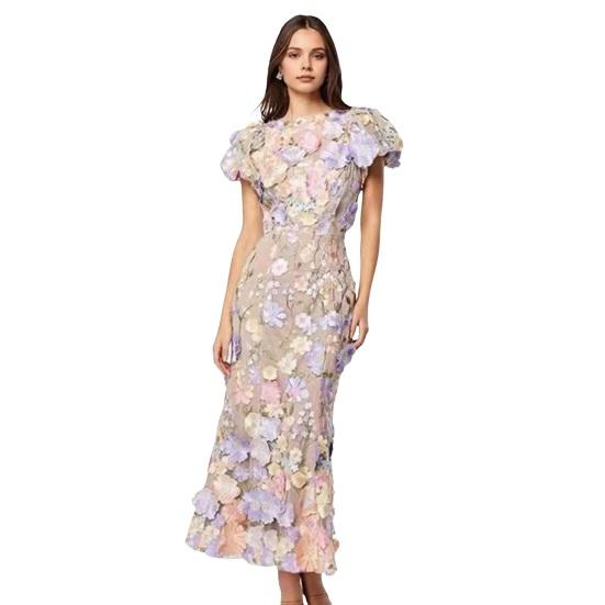 Women Fishtail Dress Round Neck Puff Short Sleeve Embroidered 3D Flower Decor Midi Dress Hip Wrapped Long Dress