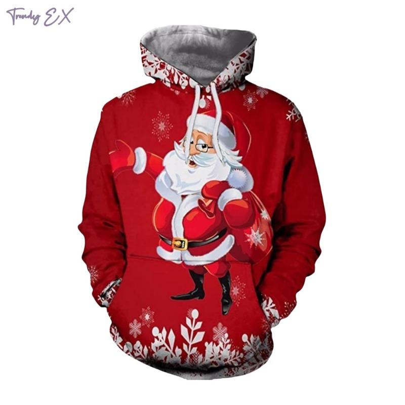 Christmas Sweatshirts for Men 3D Pattern Print Casual Pullover Hoodies Tops Harajuku Street Kangaroo Pocket Long Sleeve Clothing