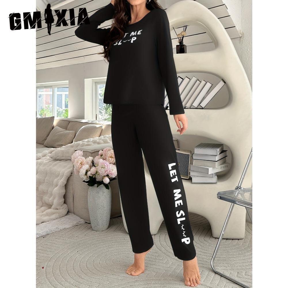 GMXIA Pyjamas Homewear Letters Long-sleeved Tops and Trousers Loose Casual Comfortable Two-piece Set Can Be Worn Outside