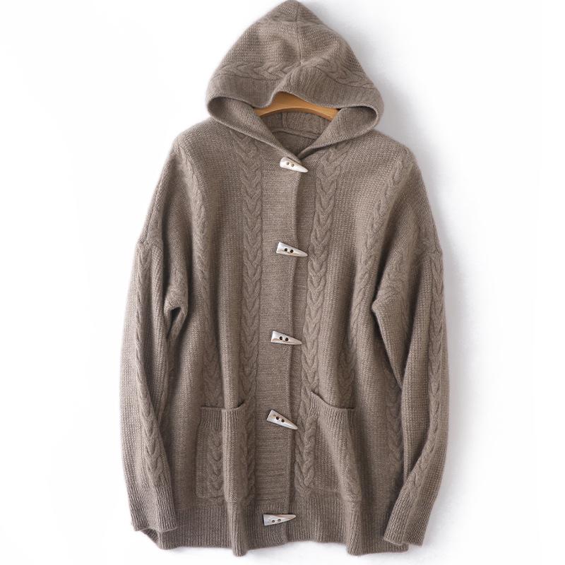 Women's Versatile Korean Style Pure Wool Hooded Cardigan Cashmere Knit Outerwear Sweater