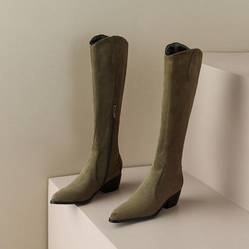 Autumn and winter women's suede fashion boots, black pointed zipper high-heeled boots, new square-heeled leather boots, Korean version of high boots