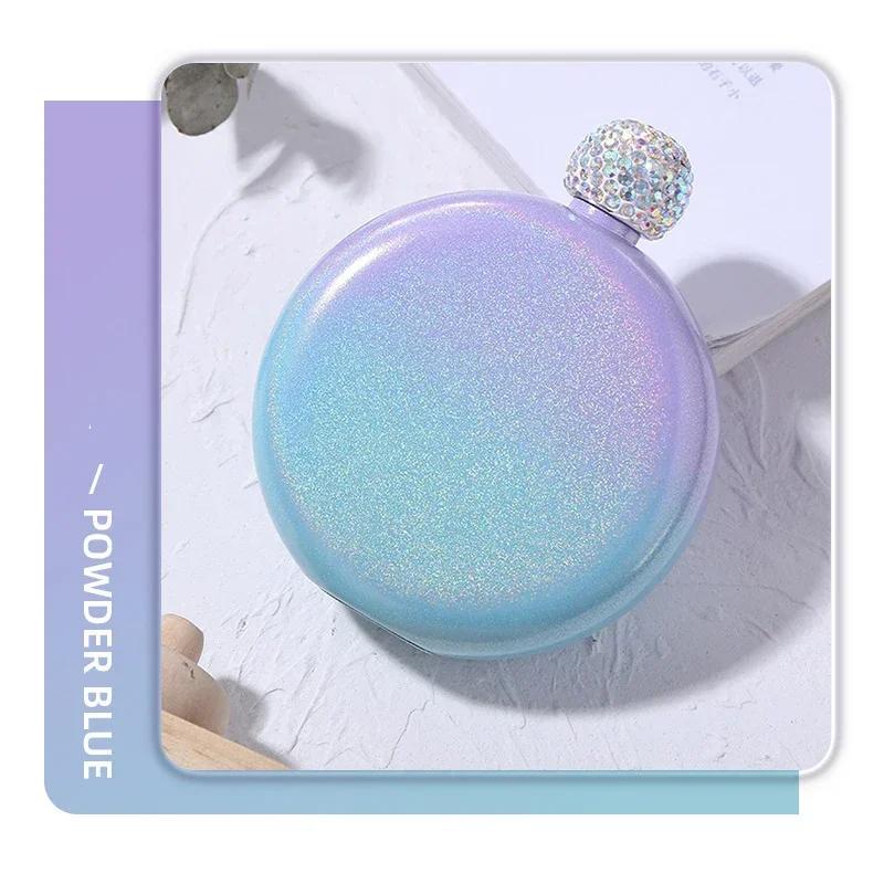 

Радужная круглая фляжка с двойными стенками, маленькая фляжка для ликера, забавная хрустальная фляжка из нержавеющей стали, переносная фляжка с хрустальной крышкой