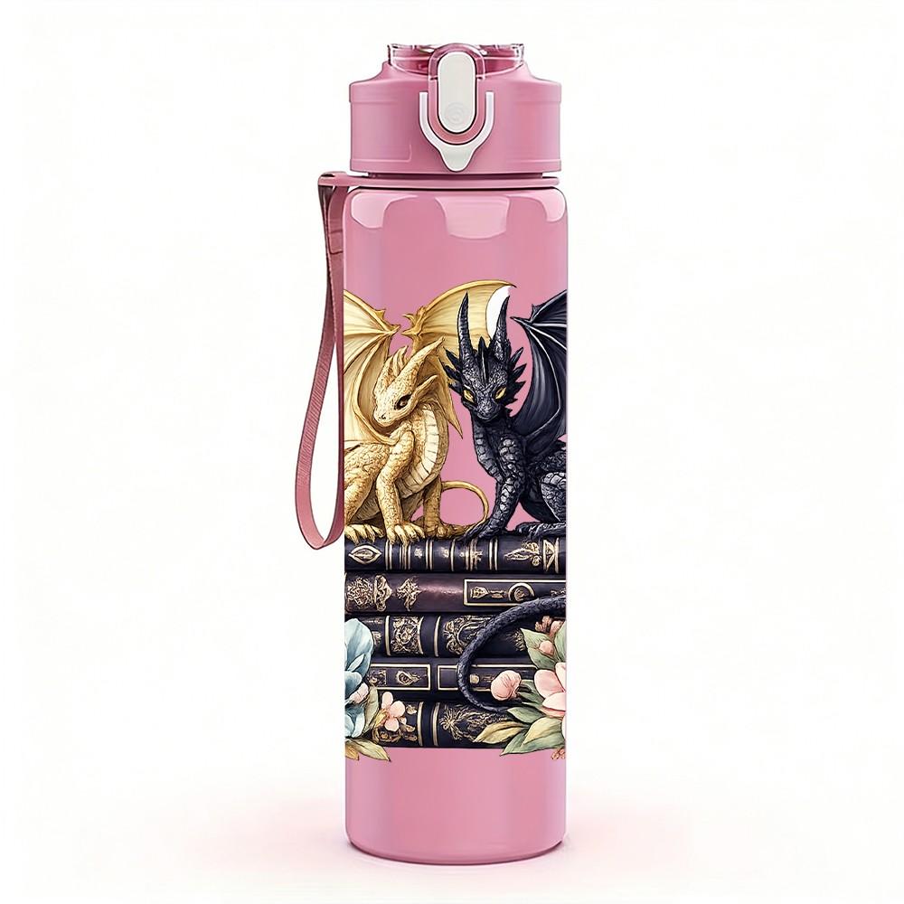 1PC Dragon Magic Book Fantasy Print 750ml Color Plastic Sports Water Bottle Leakproof Flip Straw Lid Suitable for Sports Office Home Use