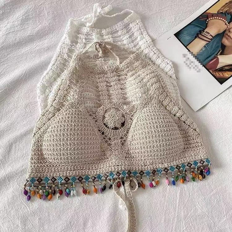 Women's Bohemian Fringe Halterneck Tank Top - Sexy Open-Back, Summer Vacation Style, New Arrival