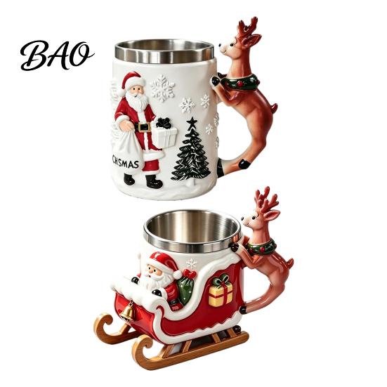 Christmas Coffee Mug Santa Claus with Reindeer Handle, 300ml 3D Resin Holiday Cup Embossed for Hot Cocoa, Winter Home Decor Unique Table Ornament
