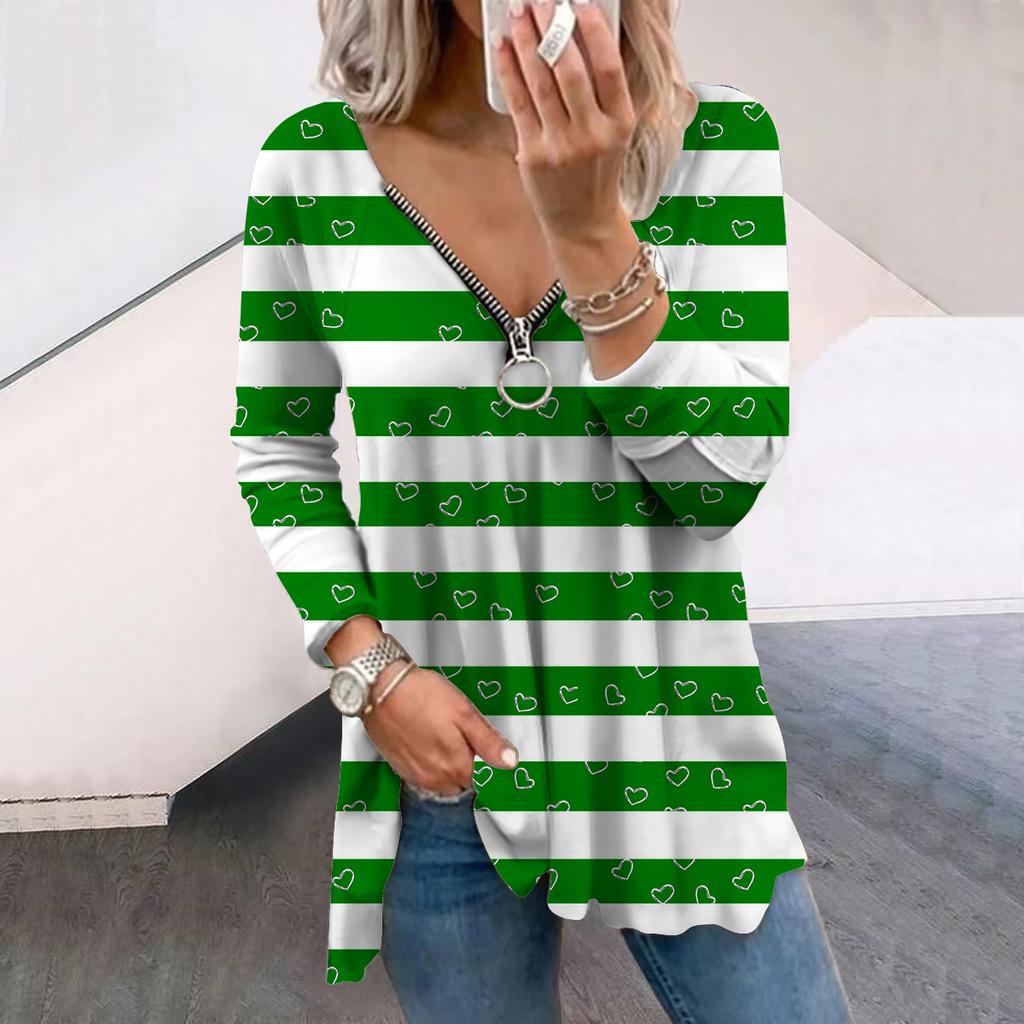 Damen-T-Shirt mit Aufdruck „Herbstliebe“ und horizontalen Linien, langärmelig, lockerer V-Ausschnitt, Übergröße, T-Shirt, Oberteile, bequeme Bluse