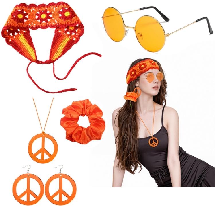 1970s Hippie Costume Jewelry Accessory For 70s 60s Themed Party Hair Band Glasses Knitted Headband Necklace Earrings