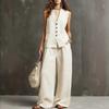 2026 European and American cross-border Amazon new women's sleeveless vest vest wide-leg pants cotton and linen two-piece women's clothing