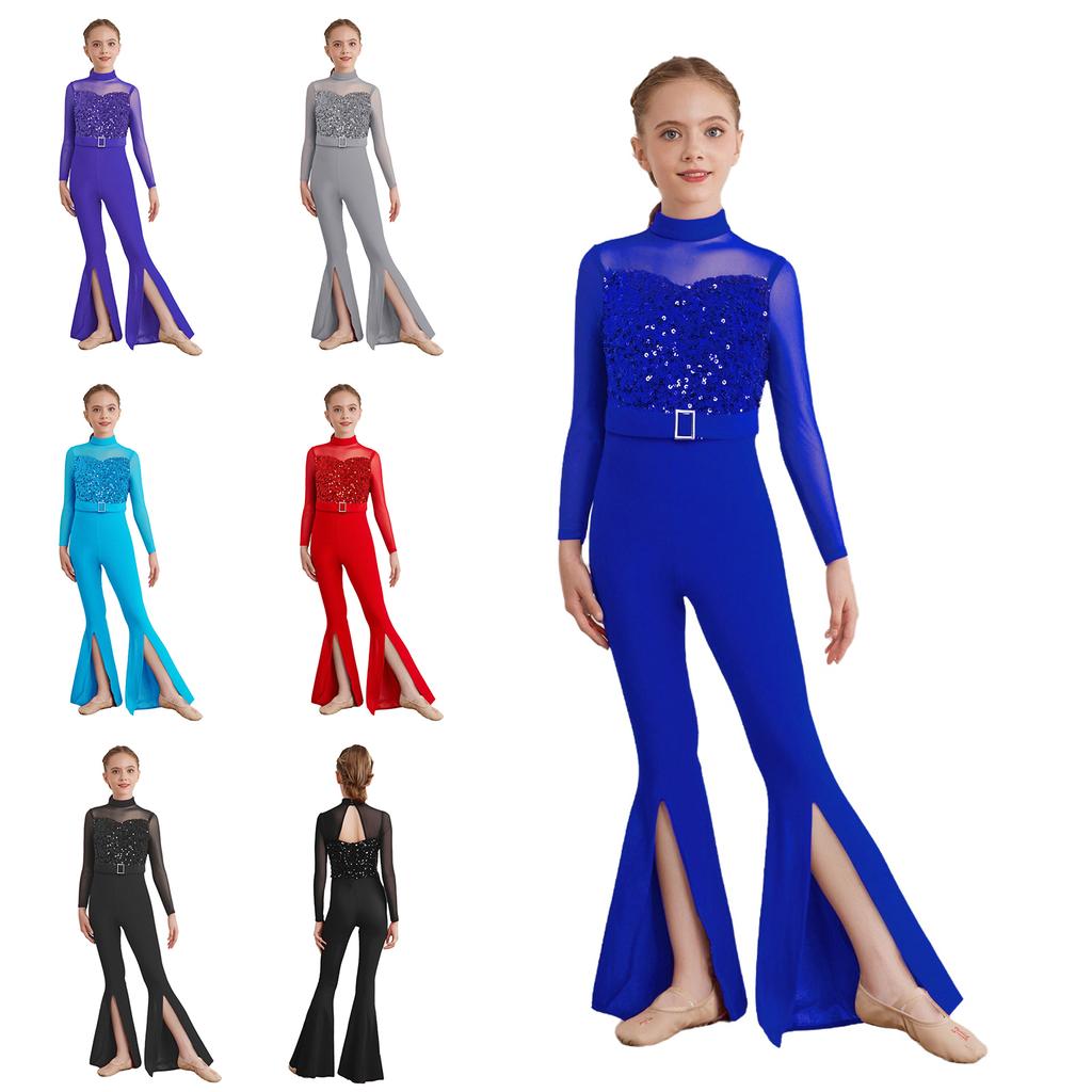 Girls Jazz Dance Costume Mock Neck Long Sleeve Cutout Back Sheer Mesh Sequins Bell Bottom Jumpsuit