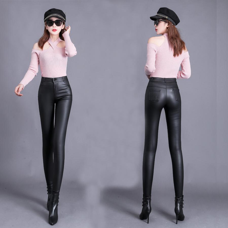 Matte Leather Pants Women Winter Fleece High Waist Leggings for Outerwear Small Feet Bottoms Women