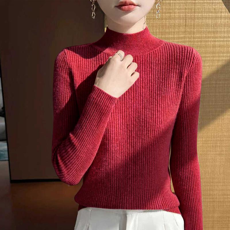 Women's Coffee High-Neck Sweater - Celebrity Style, Fall/Winter 2025, Slim Fit, Solid Color, Base Layer.