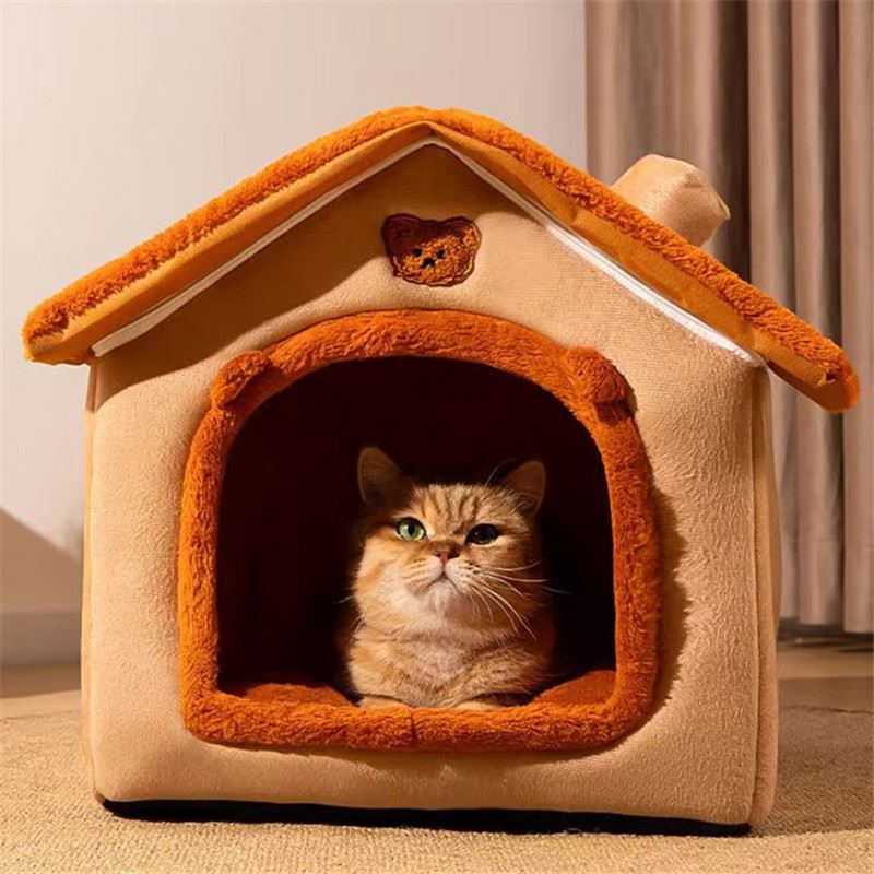 Winter Solid Plush Cotton Semi-Enclosed Cute Cat Dog Bed & Kennel with Removable Washable Cover