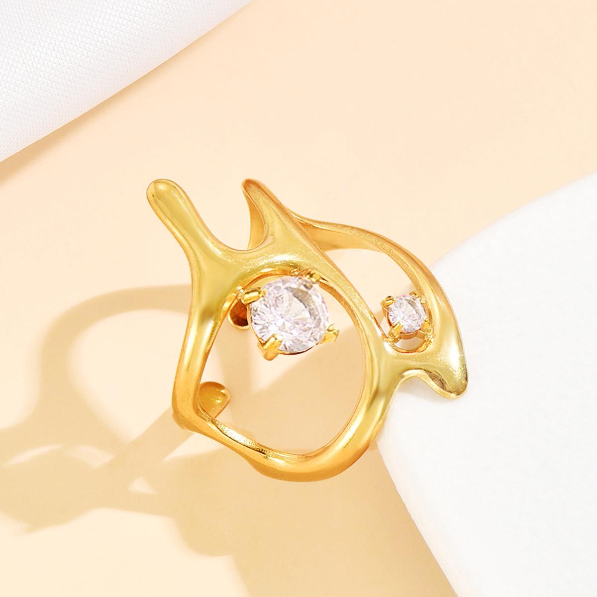 Fashion Stainless Steel Geometric Zircon Ring, Retro Irregular Open Design