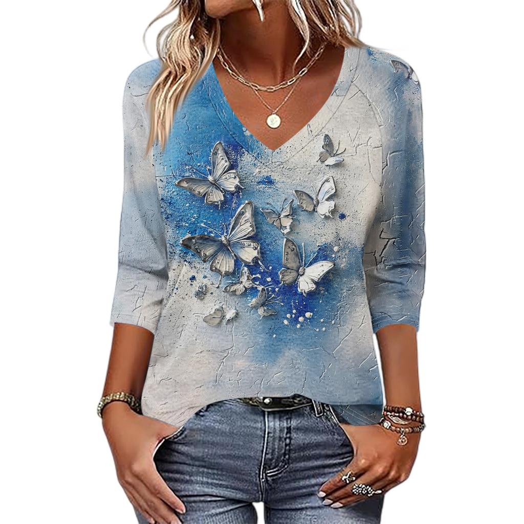Women's Fashion Casual Three-quarter Sleeve Raglan Sleeve Vintage Floral Print V-Neck Top