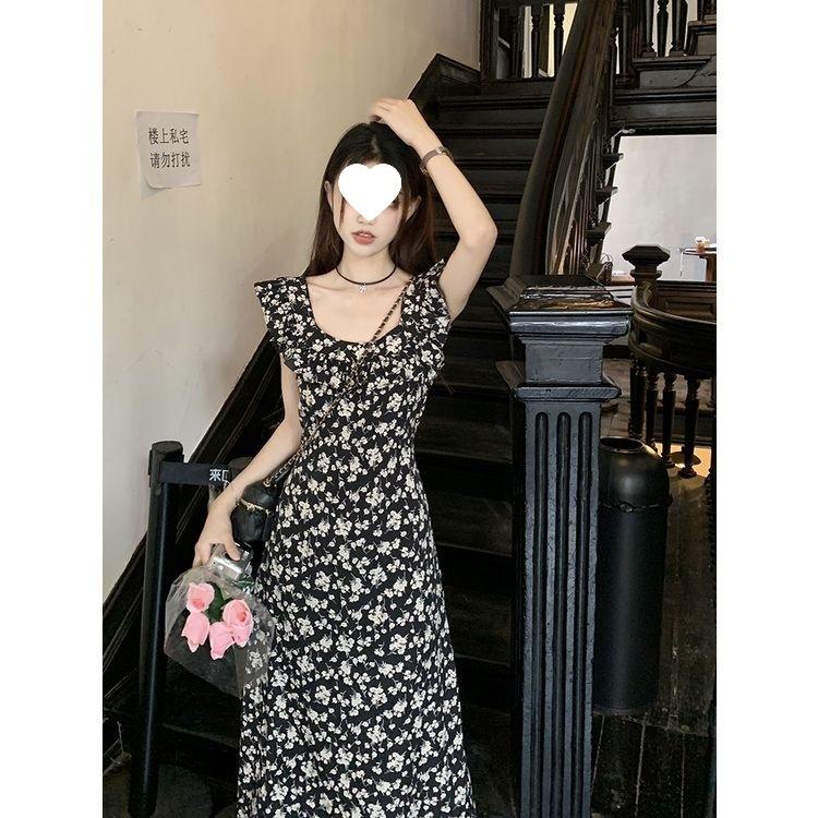 Black Floral Dress Women's Summer New Skirt Temperament Advanced Sense Word Waist Thin Medium and Long Dress
