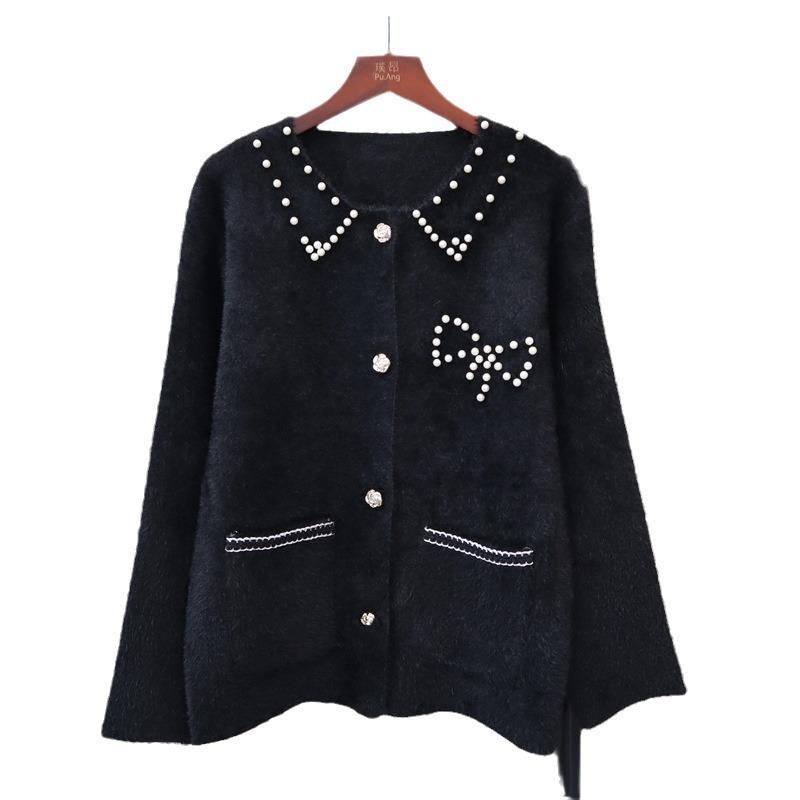 Heavy Industry Nail Bead Imitation Mink Velvet Knitted Cardigan Autumn and Winter New Design Loose Soft Waxy Sweater Jacket Women