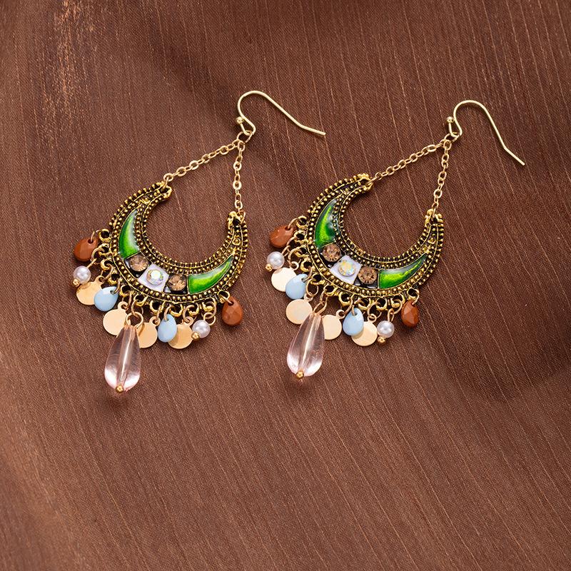 Female Fashion Retro Ethnic Style Moon Water Droplet Tassel Earrings