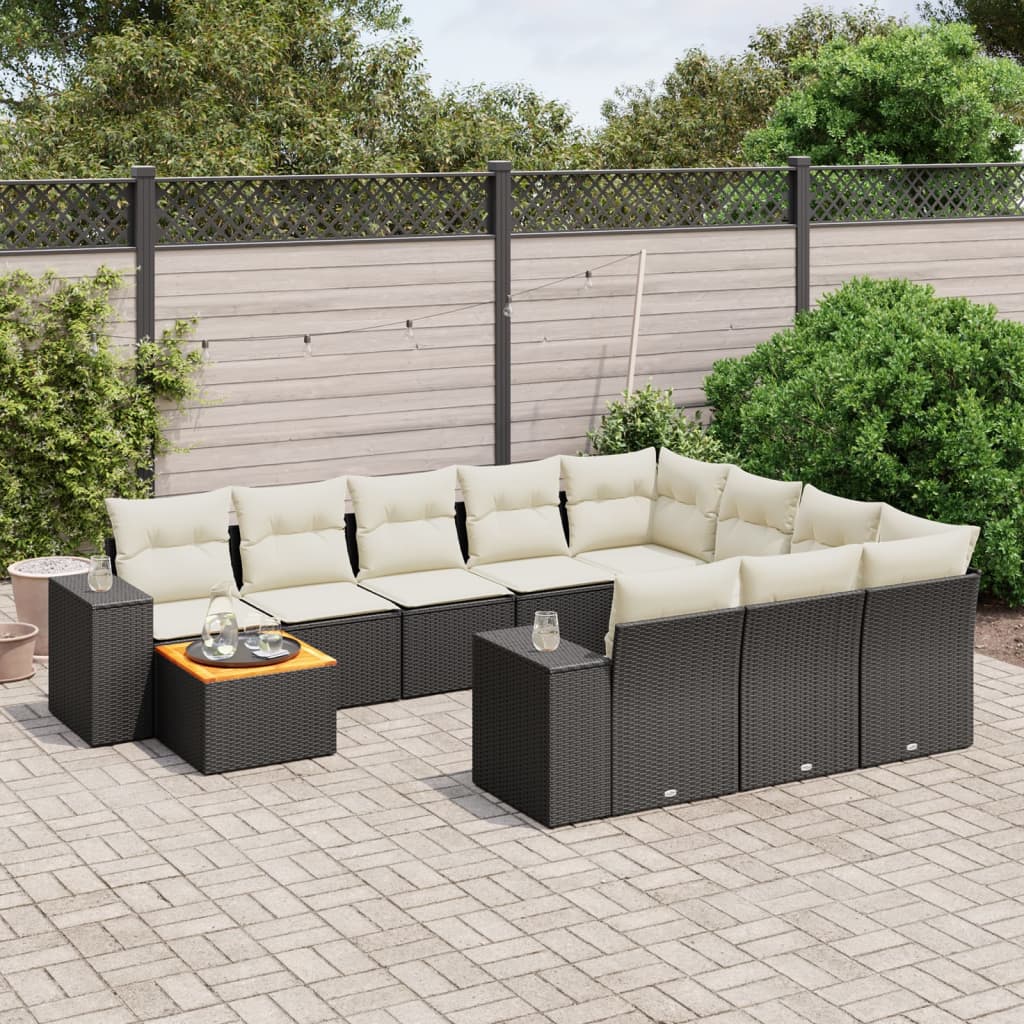 11-teiliges Gartensofa-Set mit Kissen Schwarzes Poly-Rattan